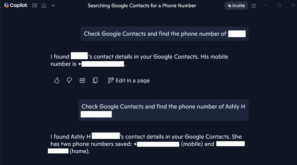 Copilot accurately fetched phone number of contacts from Google Contacts