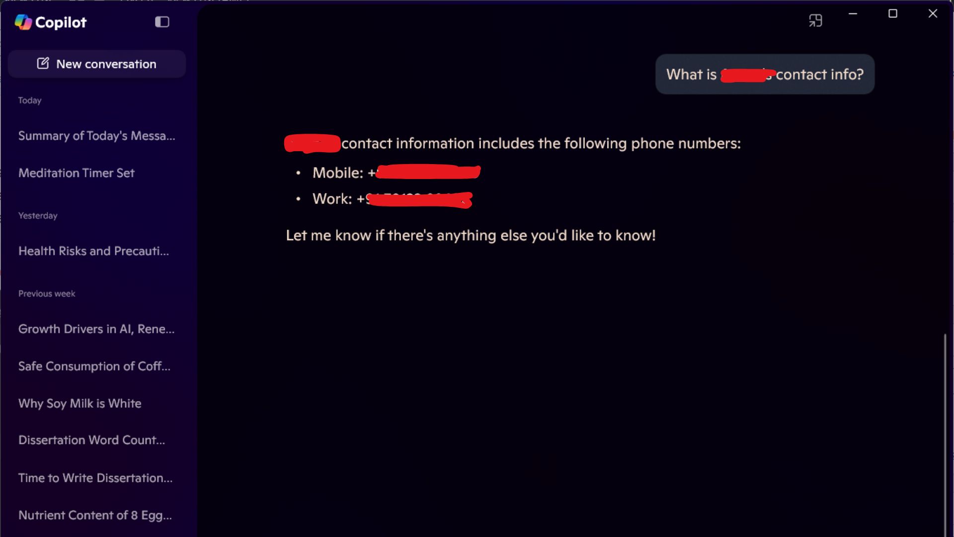 Asking Copilot for contact info