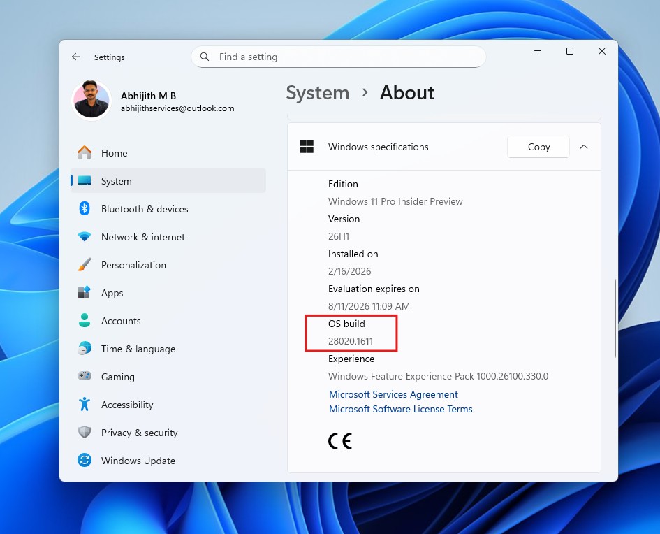 Windows 11 26H1 Build 28020.1611