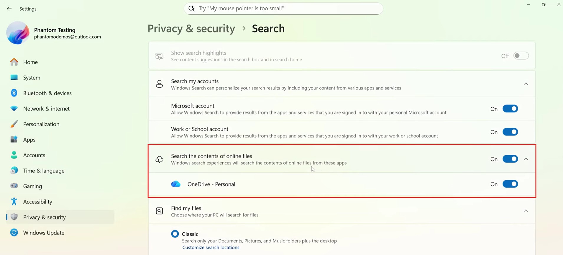 Search the contents of online files toggle in Windows 11 26H1