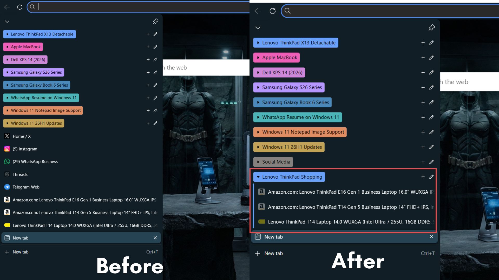 Organize tab feature puts social media apps into one group and shopping sites into one group