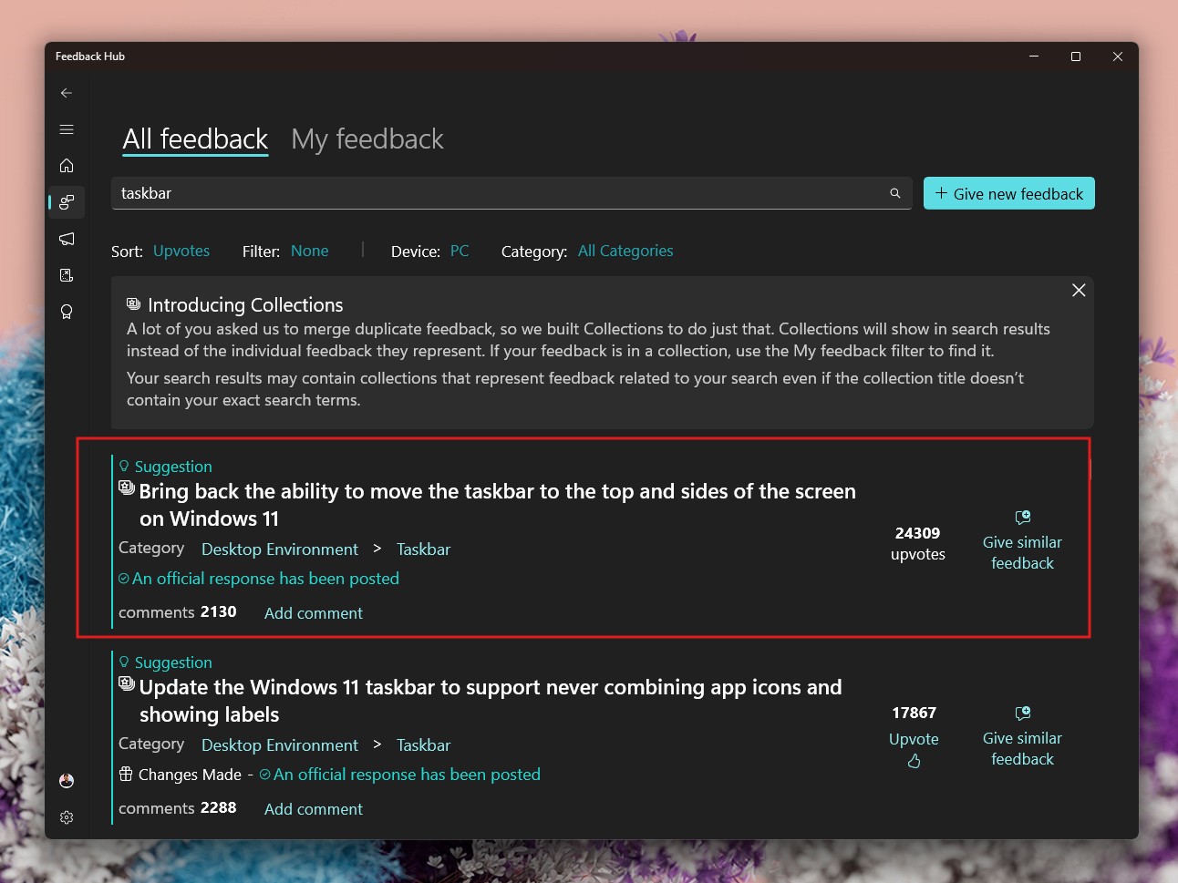 Feedback Hub shows the request to add the ability to change taskbar position with the highest number of upvotes