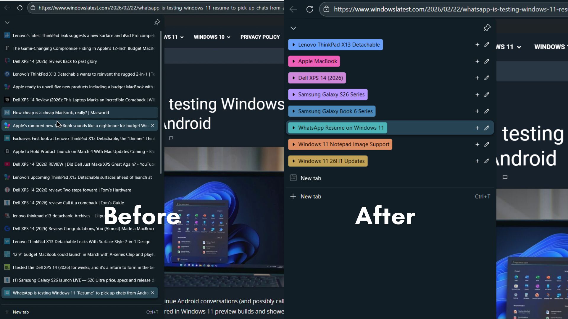 Before using Organize tabs vs After using Organize tabs