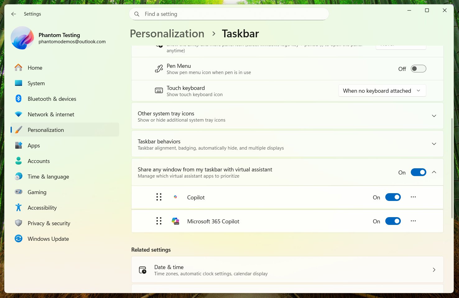 任务栏设置中新出现的从任务栏与虚拟助手共享任意窗口开关