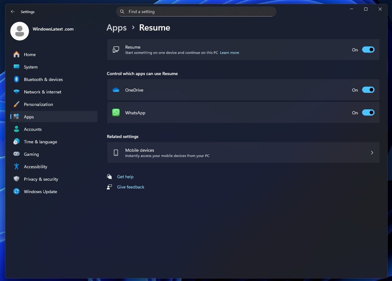 Windows 11 Resume for WhatsApp