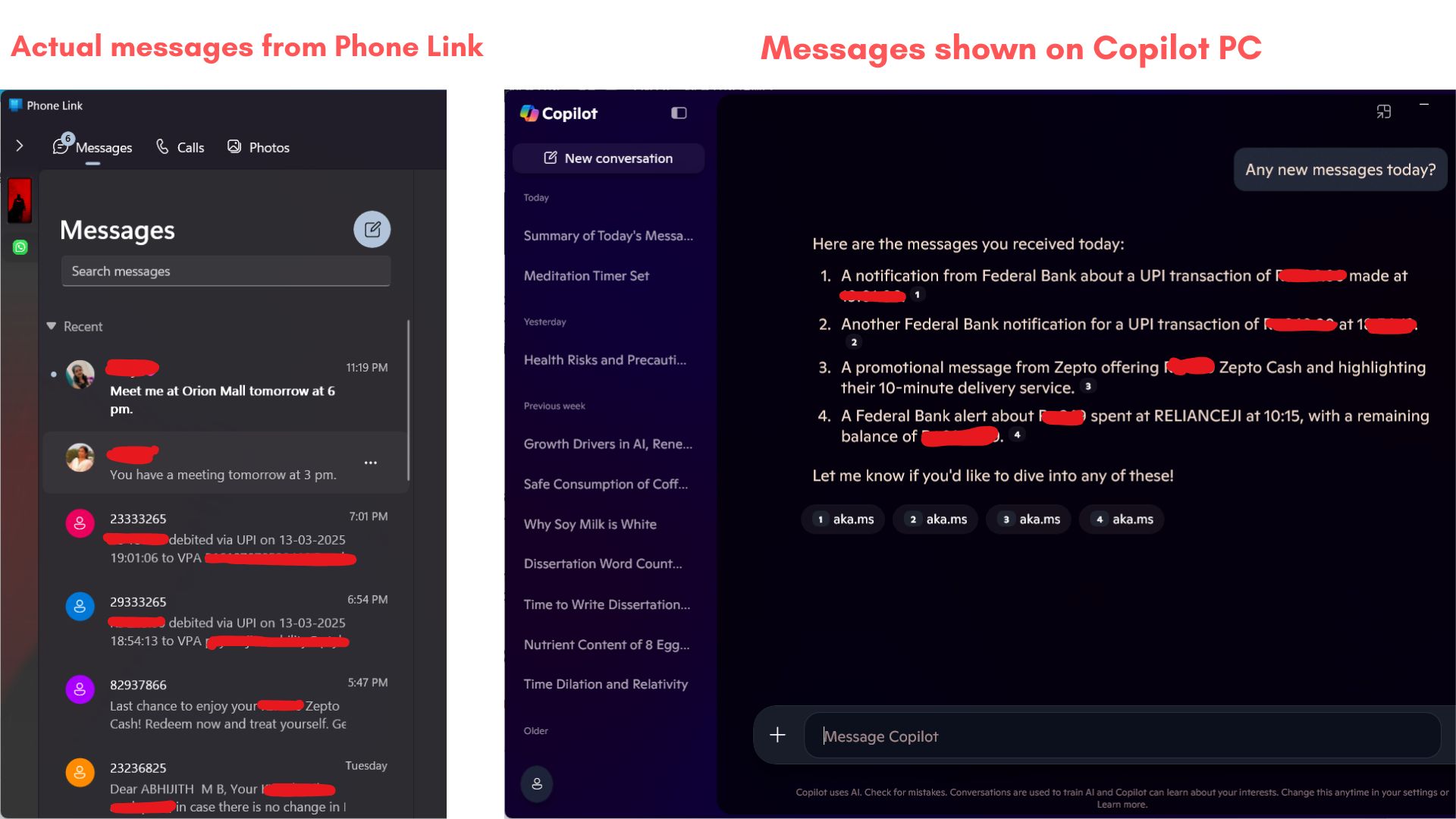 Asking Copilot to show messages