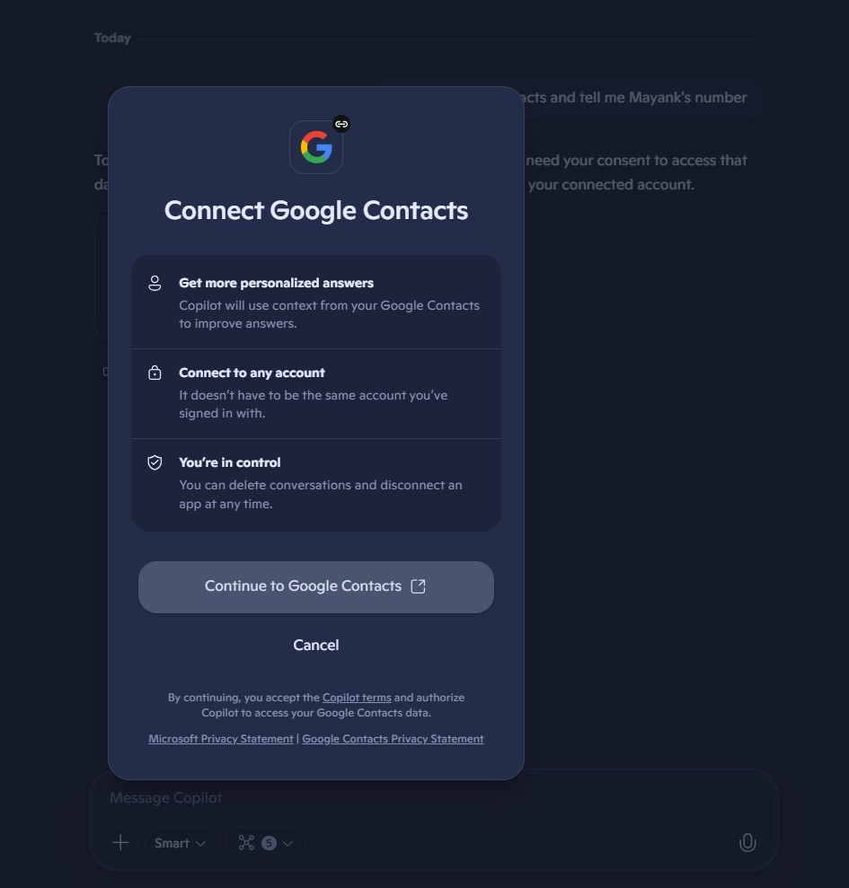 Copilot prompting to connect to Google Contacts