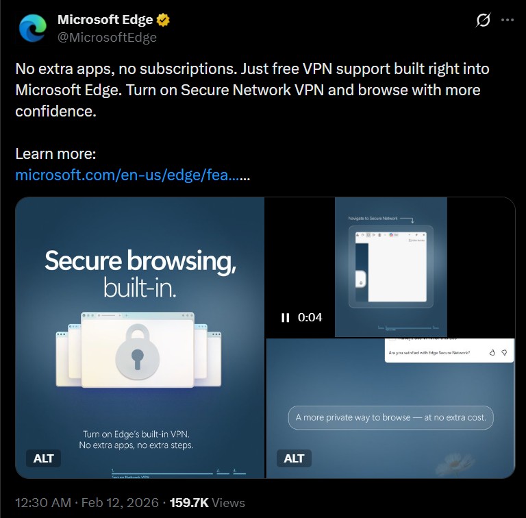 Microsoft Edge social media team posts about the Edge Secure Network VPN