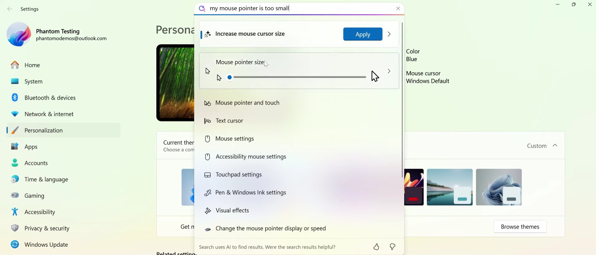 Semantic AI search in Windows 11 26H1 Settings app