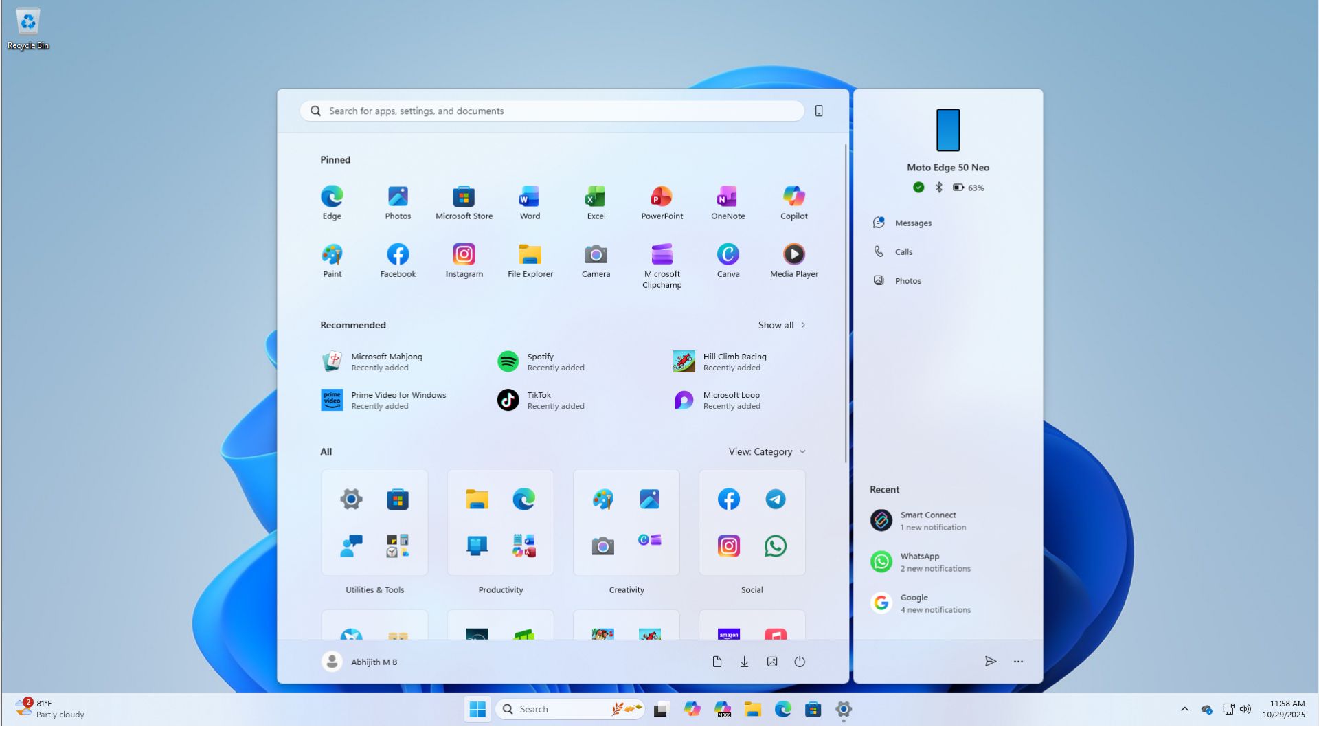 Feature rich Start menu setup in Windows 11 after the new Start menu update