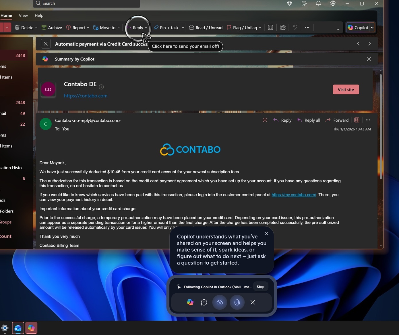 Copilot 提示我发送邮件