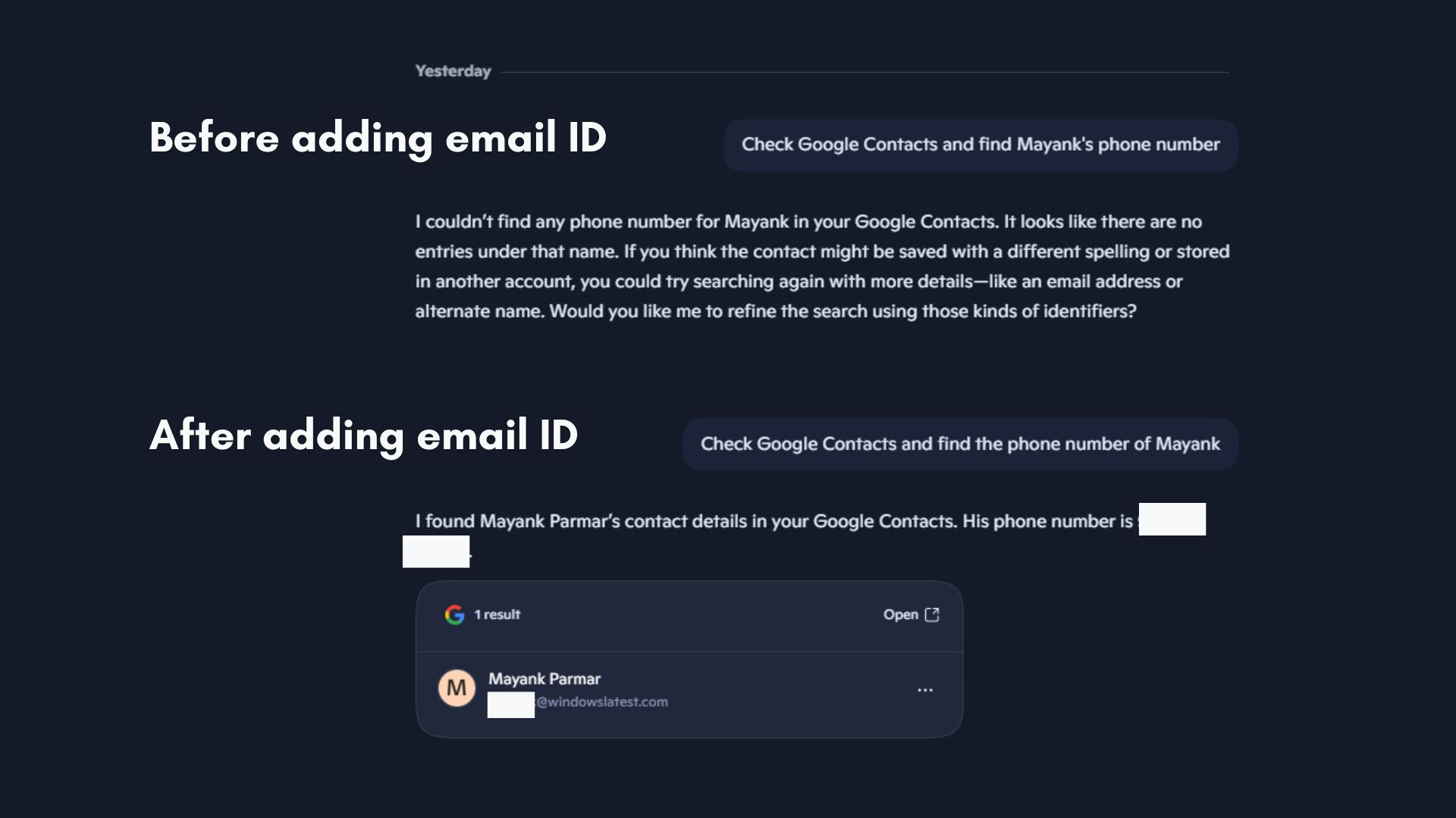 Copilot shows phone number of a Google contact only if their email ID is already added in the contact info