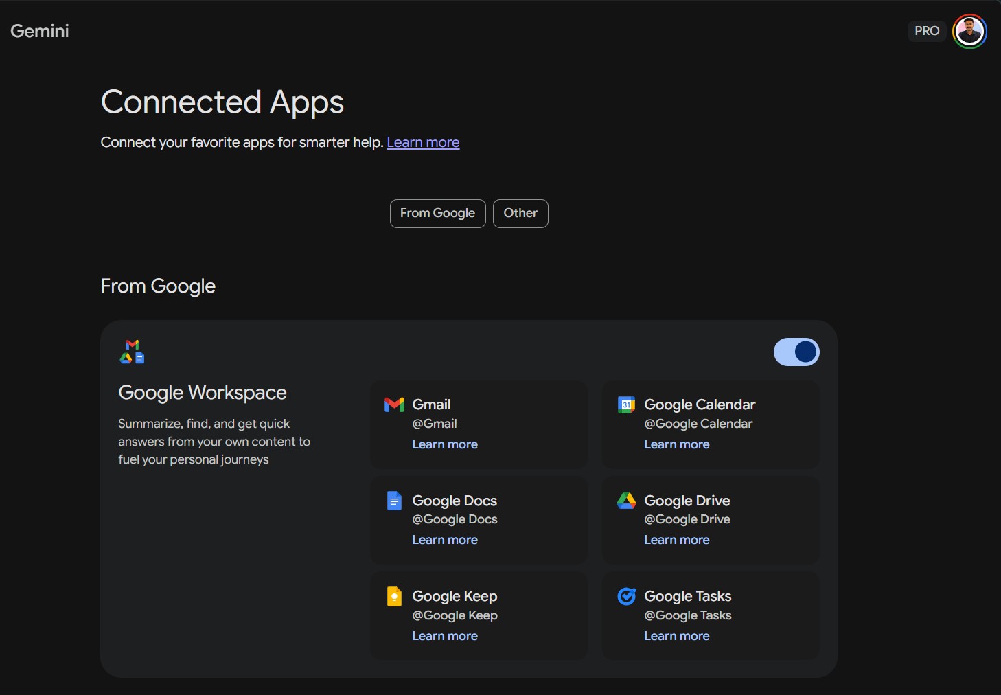 Gemini PRO subscription with Connected Apps enabled