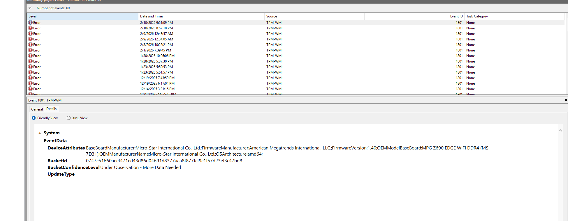 Windows Event Viewer showing Event ID 1801 errors where the BucketConfidenceLevel is listed as 'Under Observation - More Data Needed'