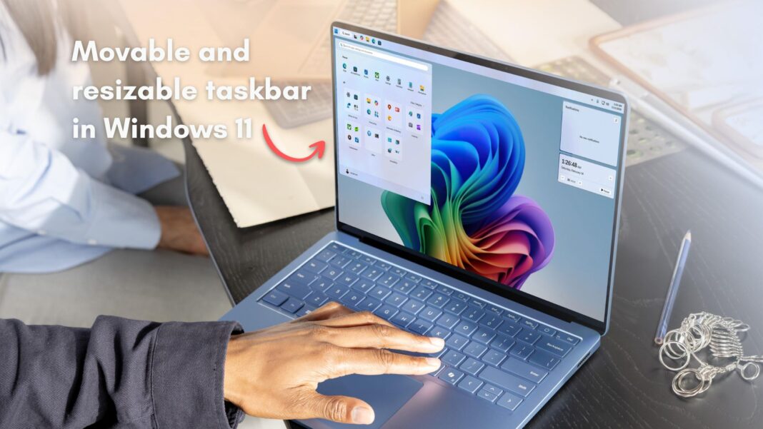 A Surface Laptop with Taskbar on the top with left alignment