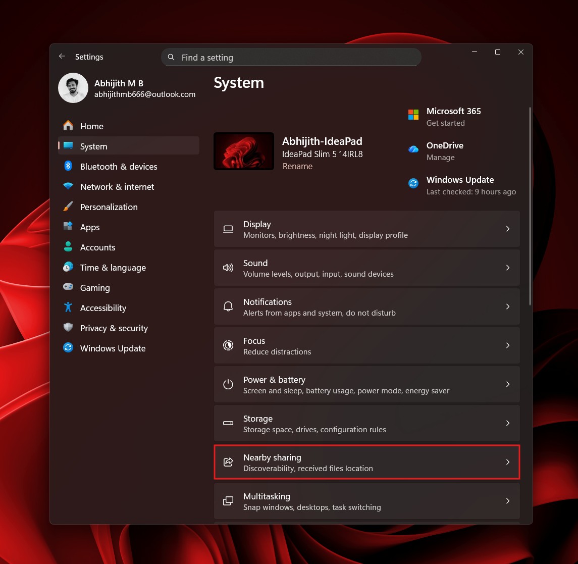 系统设置中的附近共享