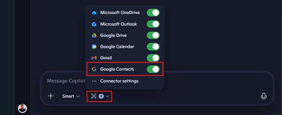 How to enable Google Contacts Connector in Copilot chat interface