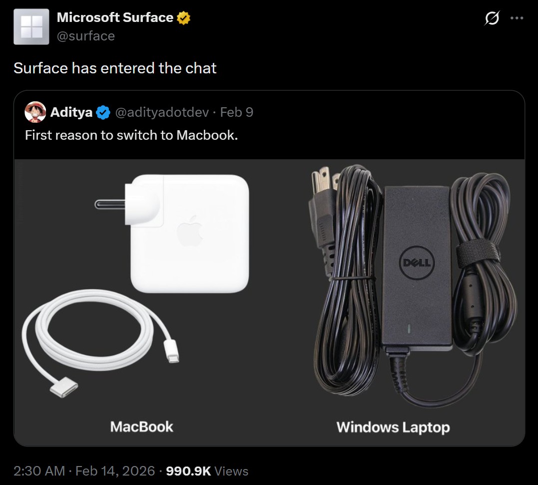 Microsoft Surface social team's reply to a post showing the difference between a new MacBook Charger and an old Dell Windows laptop charger