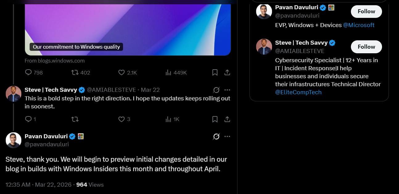 Pavan Davuluri谈Windows 11新功能和改进的发布时机