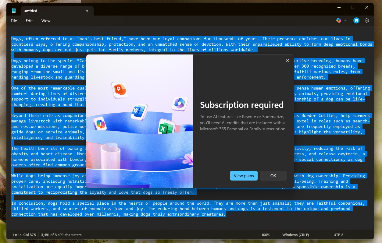 Microsoft 365 required for Notepad