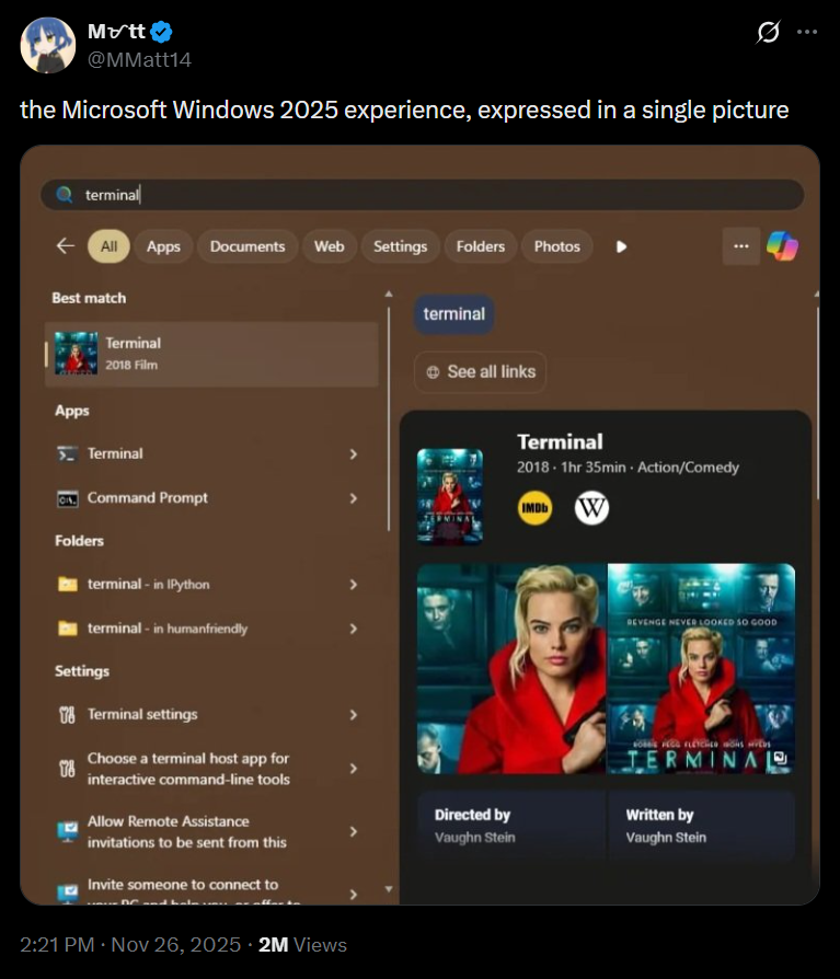 Fake post saying that searching Terminal in Windows Search shows the Terminal movie instead of the tool