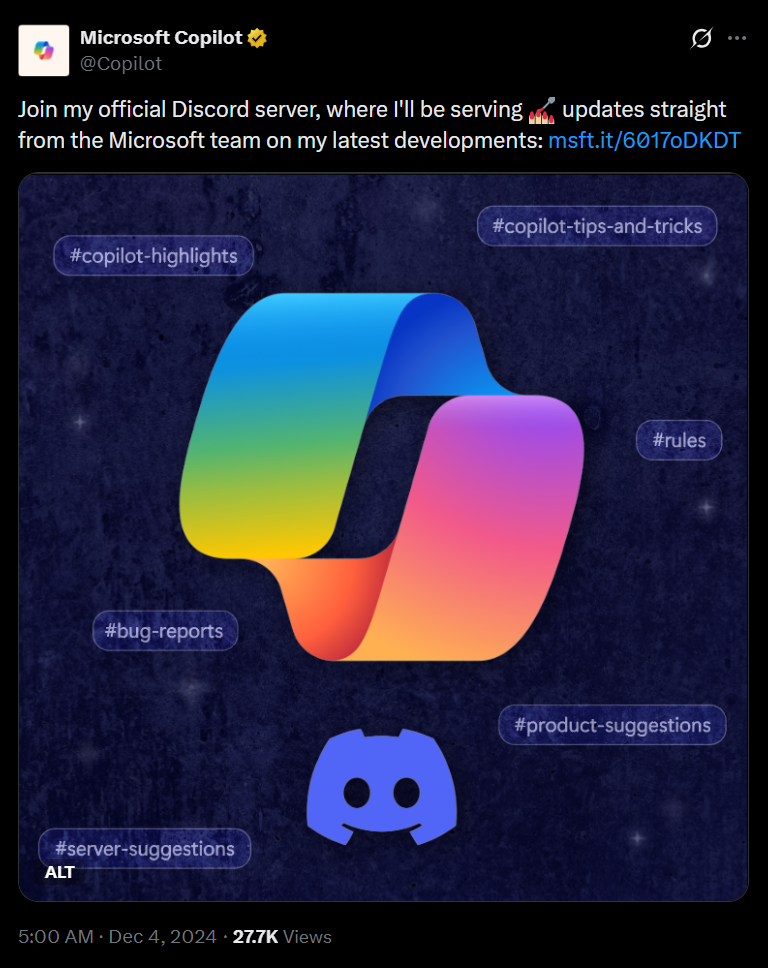 官方Copilot X账号在2024年12月邀请用户加入Discord服务器