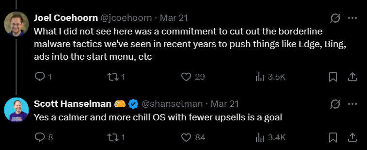 Scott Hanselman responds to a user's comment saying that goal is to have fewer upsells in Windows 11