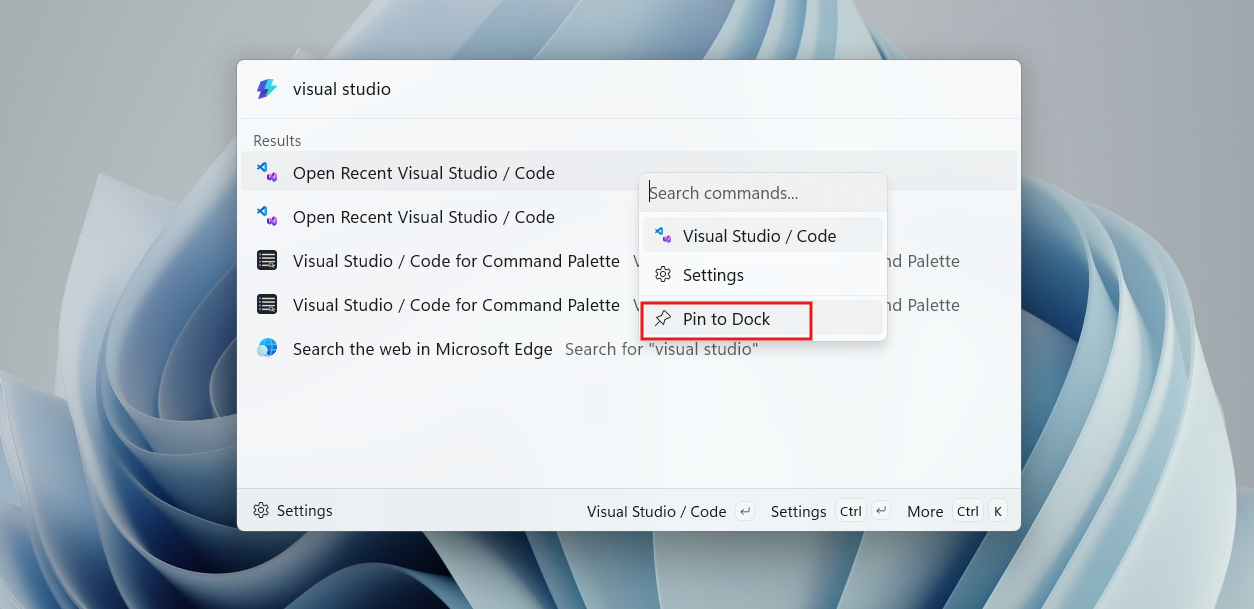 How to pin Open Recent Visual Studio Code to Dock