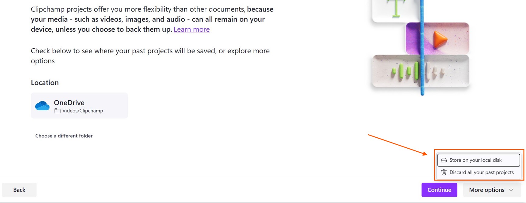 Options Clipchamp gives instead of saving your existing video project files to OneDrive