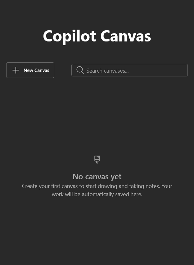 Copilot Canvas landing screen