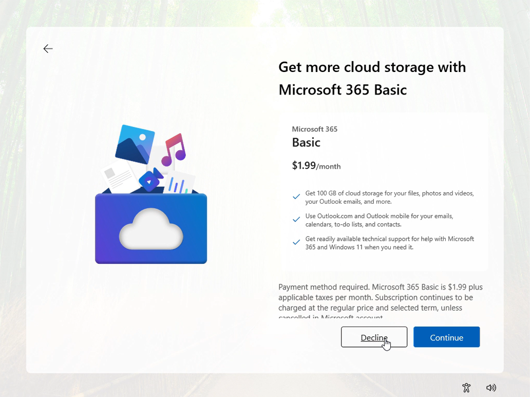 刚拒绝 Microsoft 365 个人版广告后出现的基础版广告