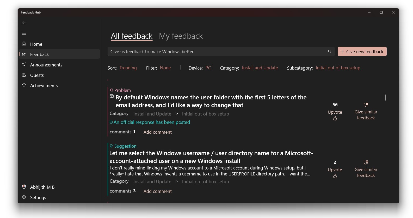 在反馈中心，长久以来用户请求能够自定义用户文件夹名称