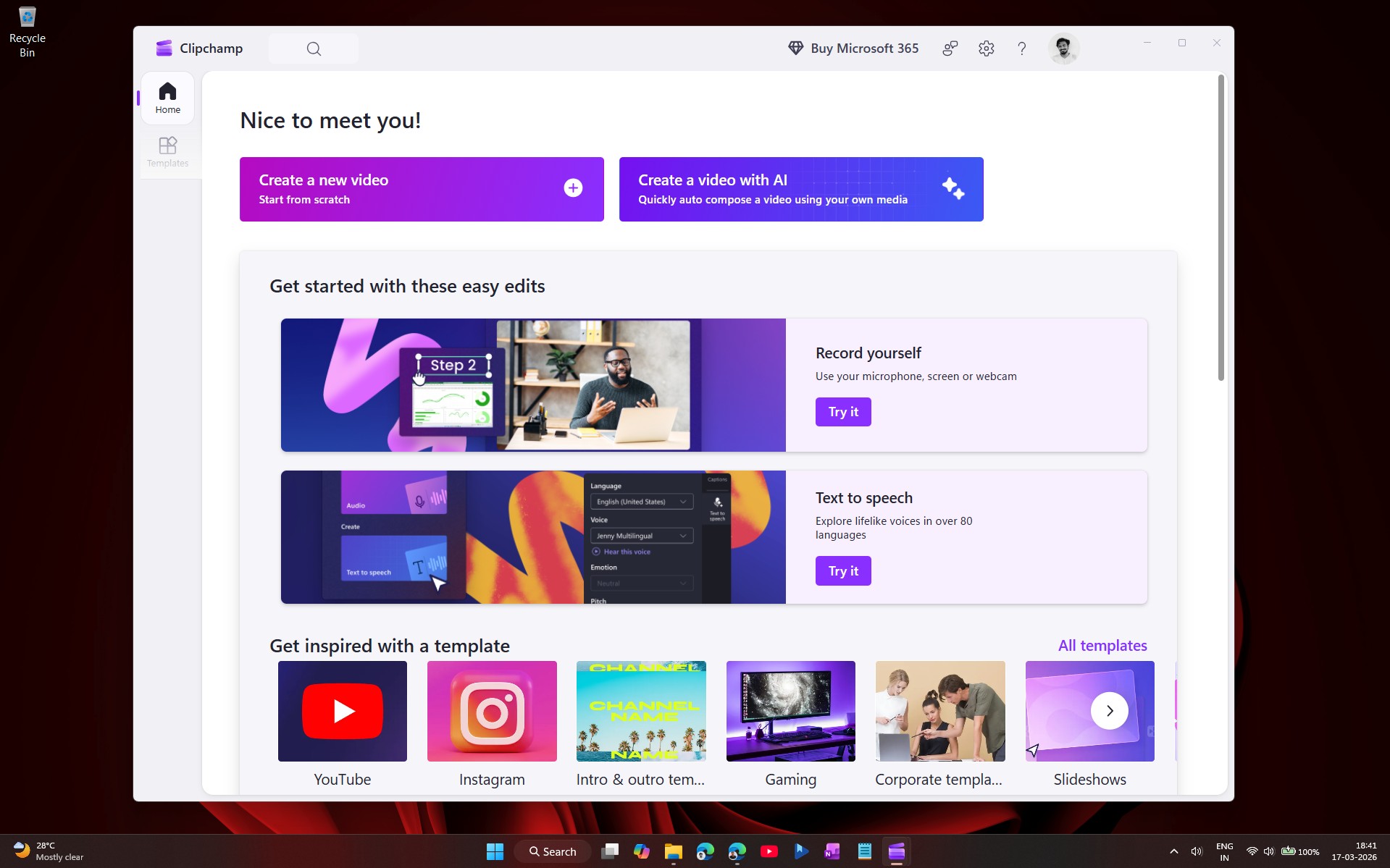 Microsoft Clipchamp open in Windows desktop