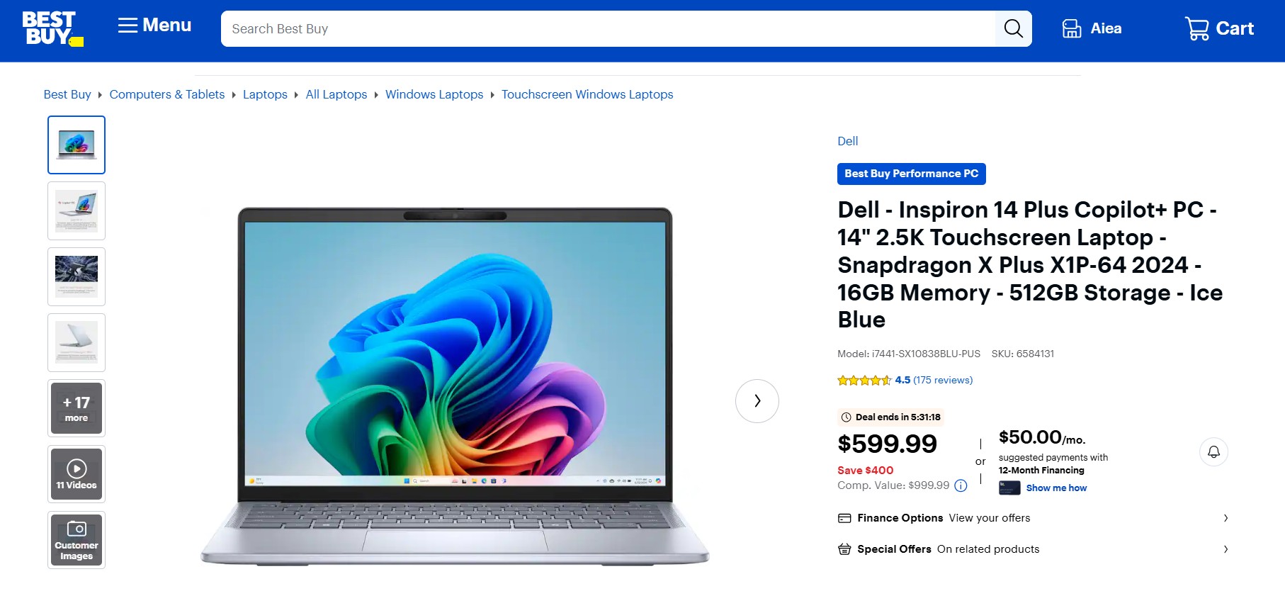 Dell Inspiron 14 Plus with Snapdragon X plus 16GB RAM and 512 GB SSD for $599