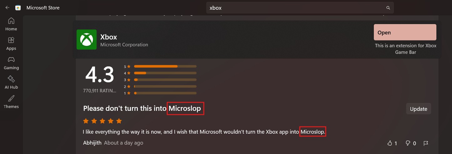 Xbox app review in Microsoft Store with the word Microslop included in the review