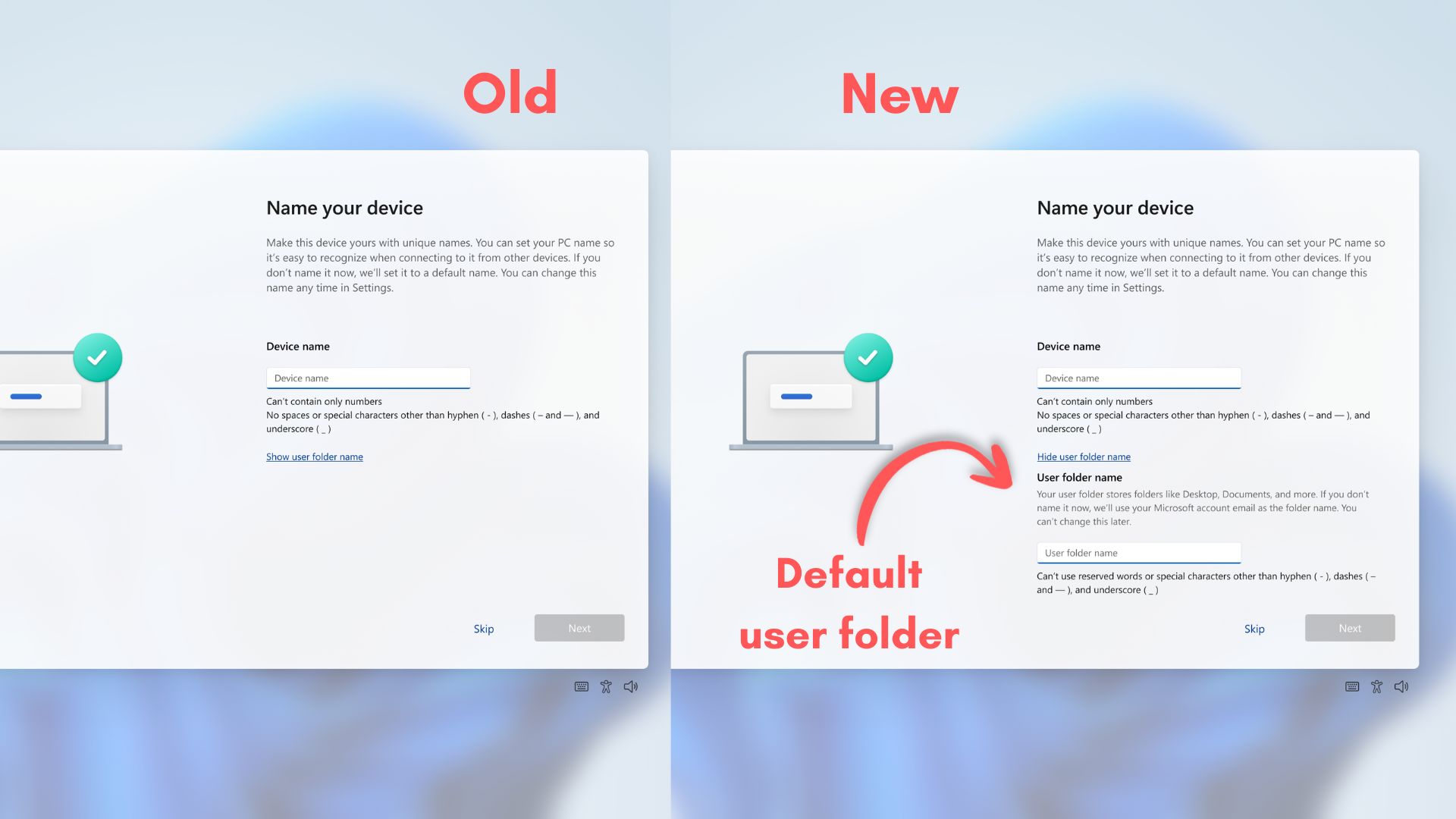 Windows 11 OOBE 期间可更改默认文件夹名称