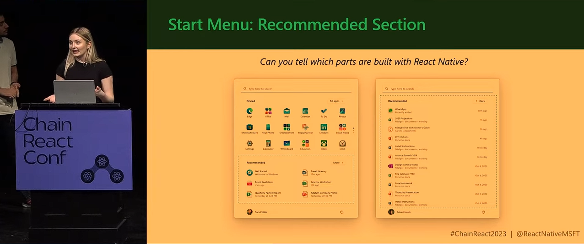 Microsoft developers explaining the use of React Native in Windows 11 Start menu
