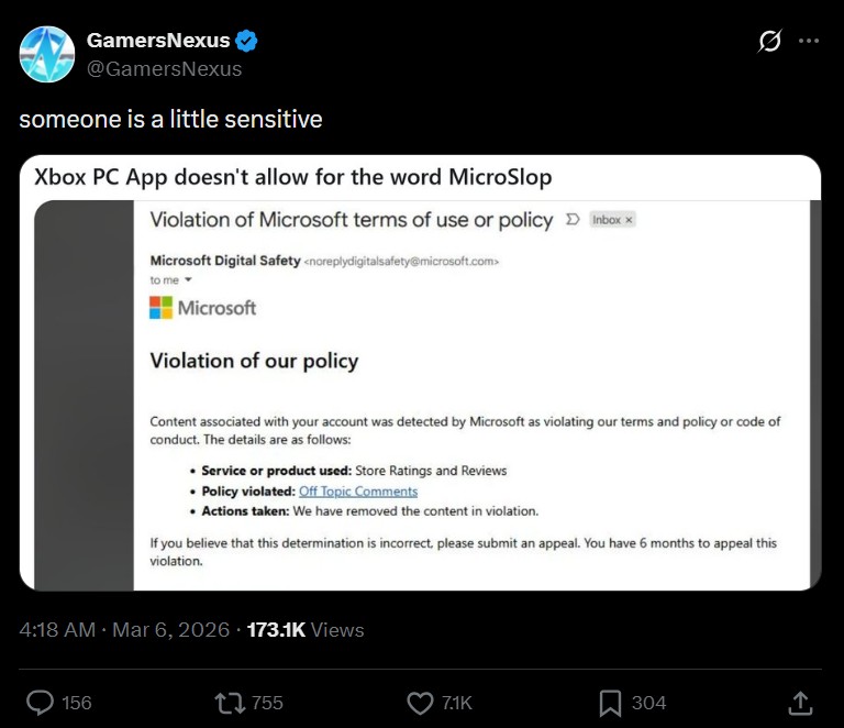 Popular tech YouTuber GamersNexus shares fake Reddit post about Microsoft banning the word Microslop