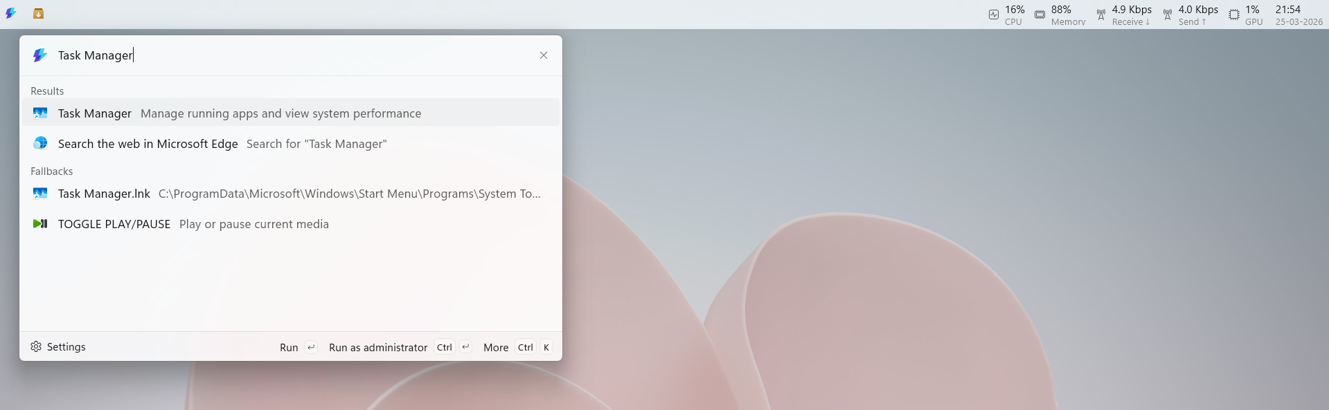 Searching in the Command Palette in the Dock