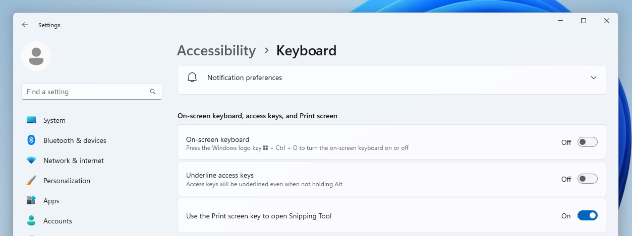 Use the Print screen key to open Snipping Tool in Windows 11