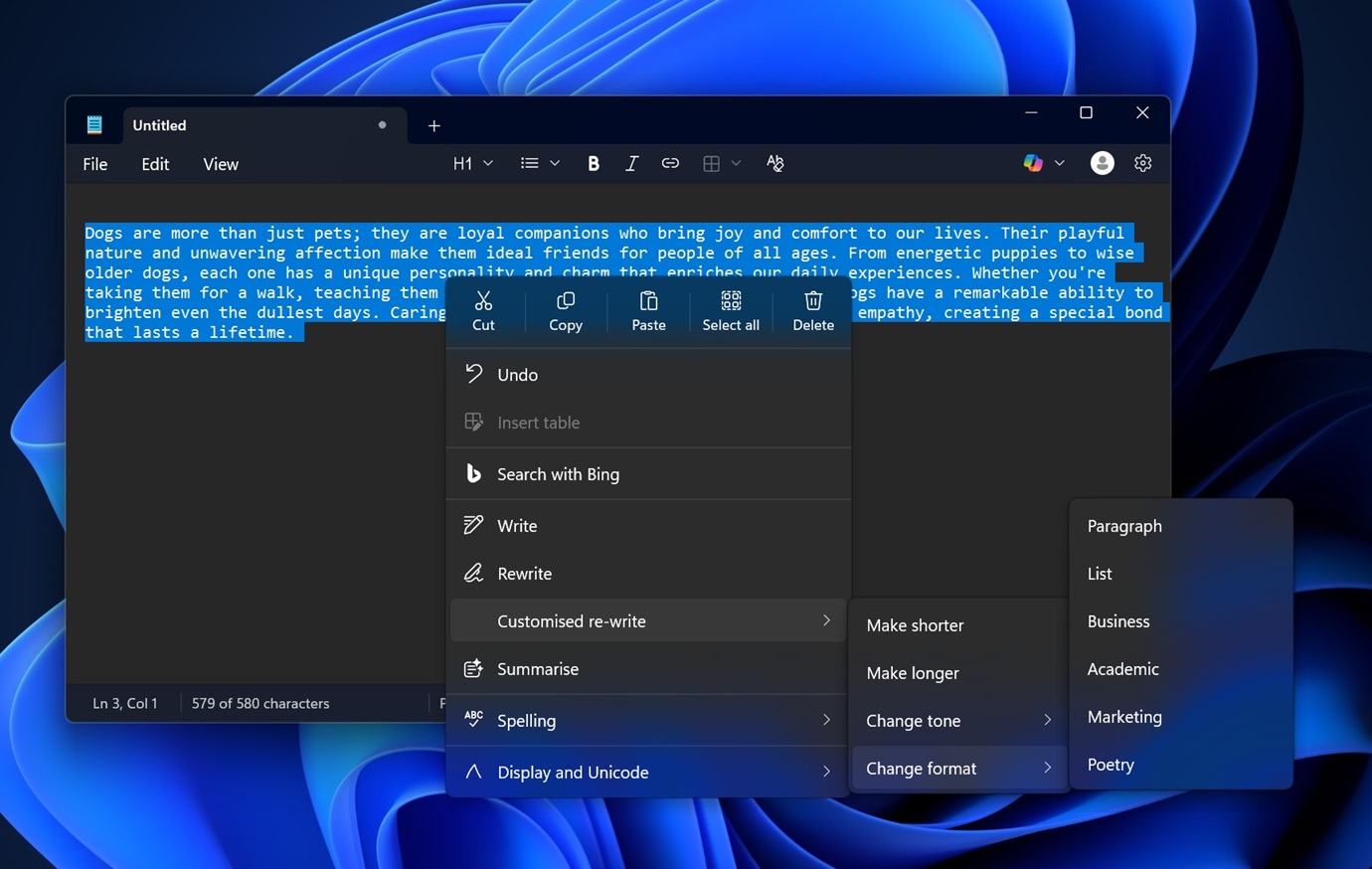 Customize re-write in Notepad to generate content using Copilot