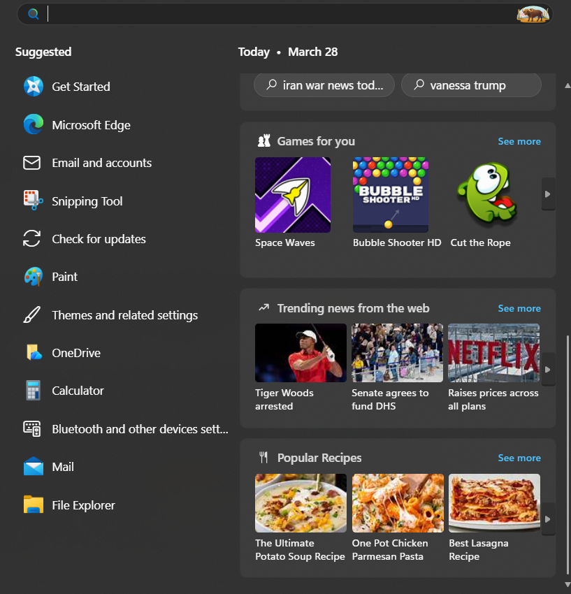 Windows搜索显示流行食谱和热点新闻