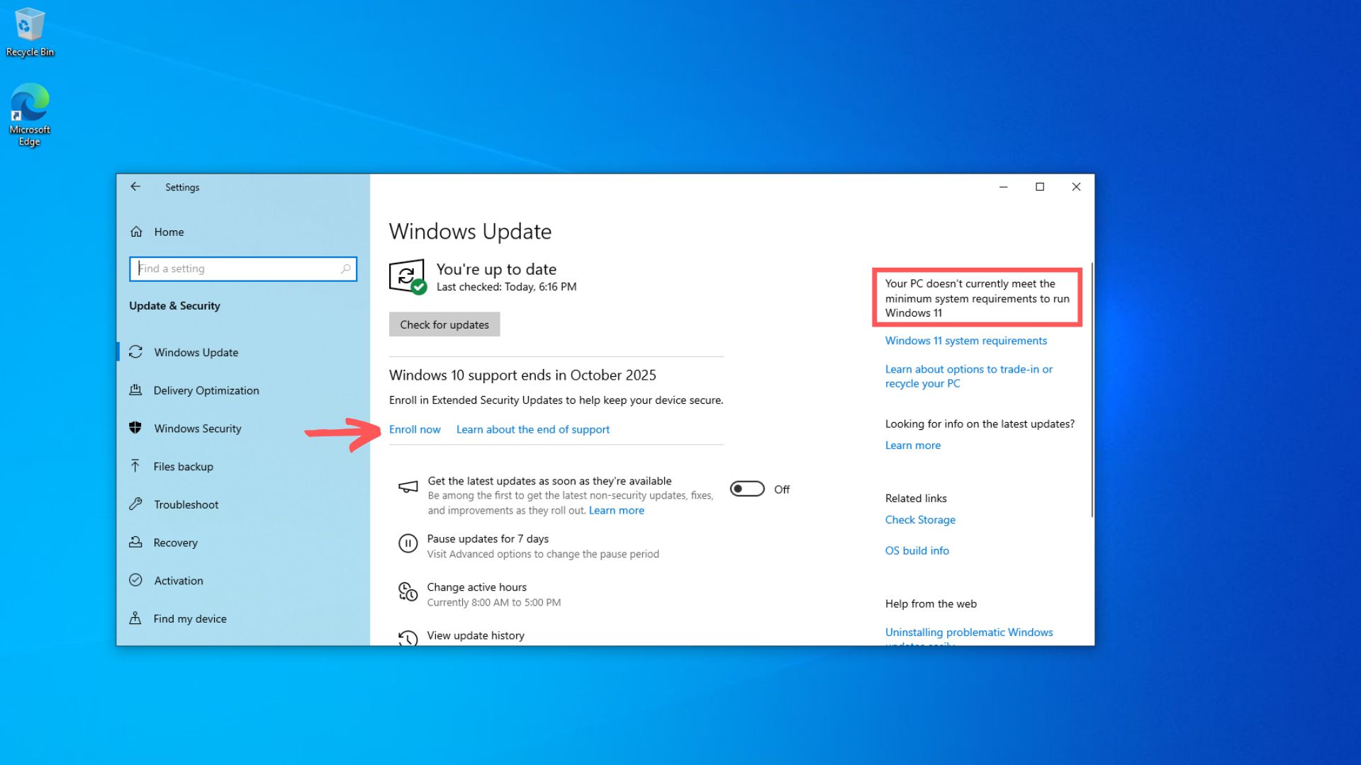 Enroll now to Windows 10 ESU page in the Update & Security page