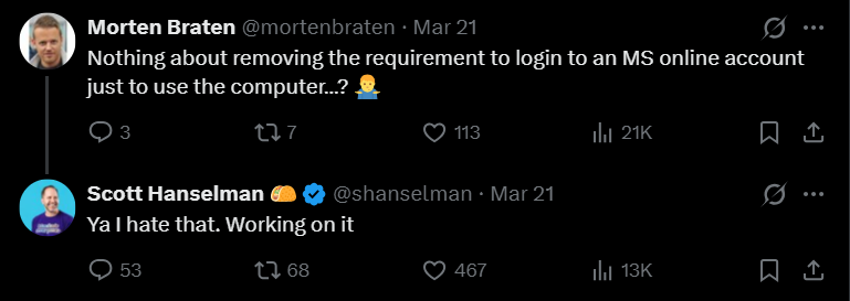 Scott Hanselman 表示开发者正在努力移除 MSA 登录要求