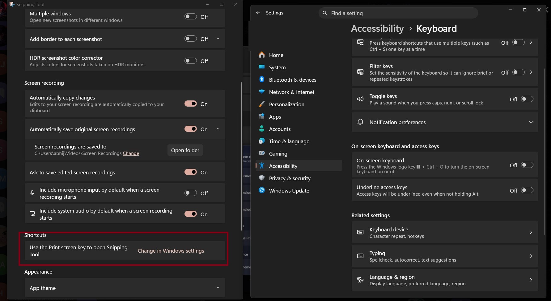 Print screen key toggle missing in Windows 11