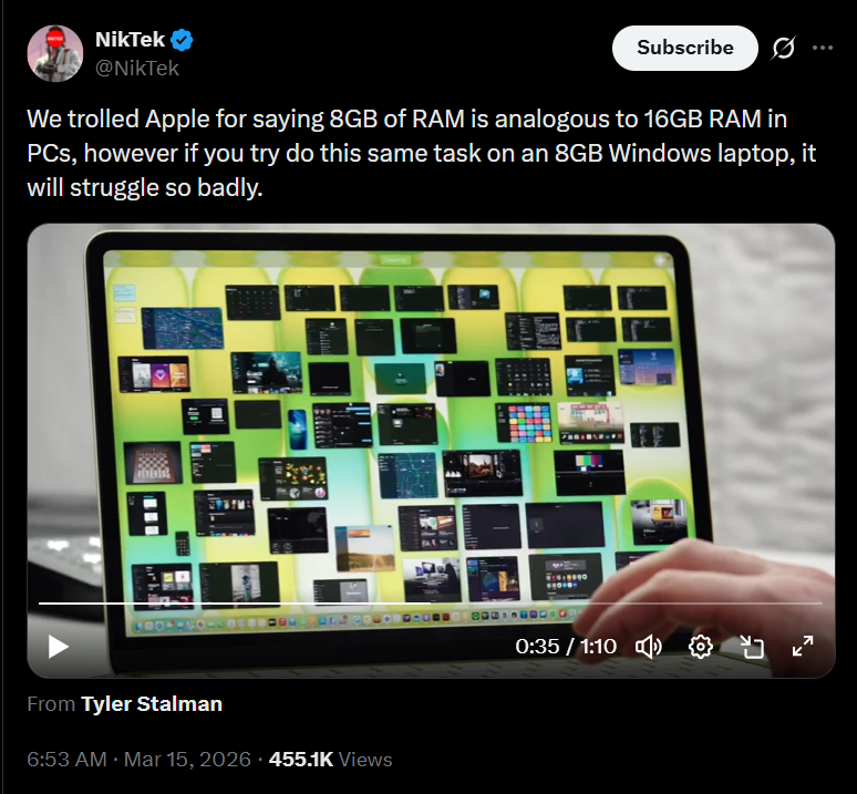 X post telling that 8GB RAM in Windows 11 PCs can't do the stuff that a MacBook with similar RAM can
