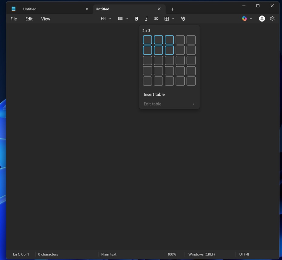 Insert a table in Notepad