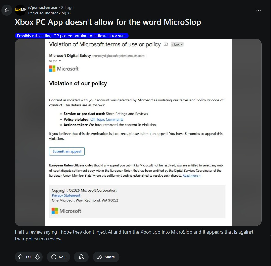 Fake Reddit post saying that Microsoft's Xbox PC App doesn't allow for the word Microslop