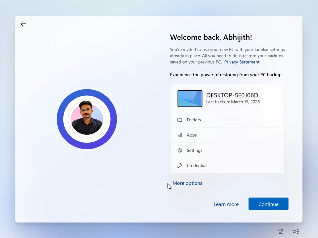 OOBE 期间恢复备份选项