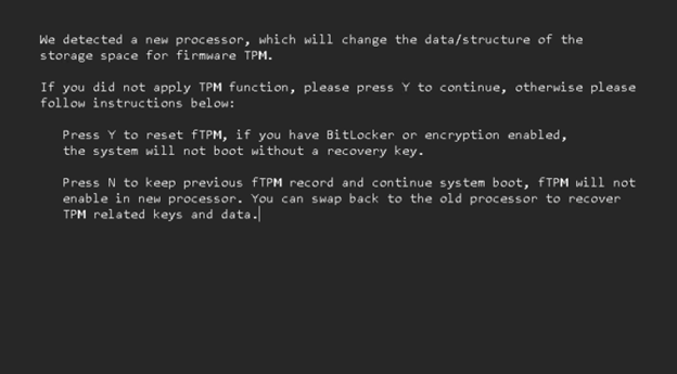 The erroneous firmware TPM and new processor detection prompt triggered by Secure Boot updates.